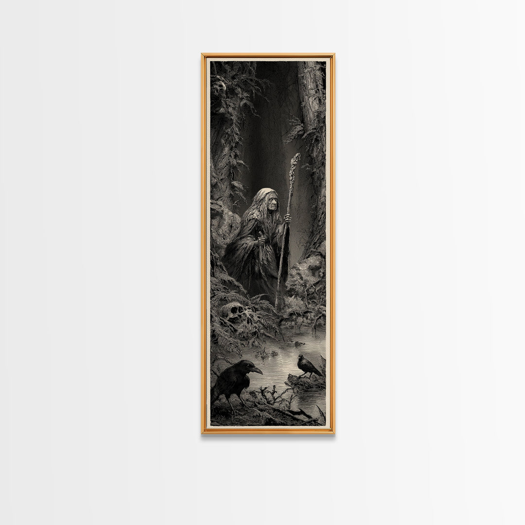 The Swamp Witch, Gothic Engraving Art, Tall Narrow Wall Art, Macabre Wall Art, Framed Canvas Print, Halloween Wall Art