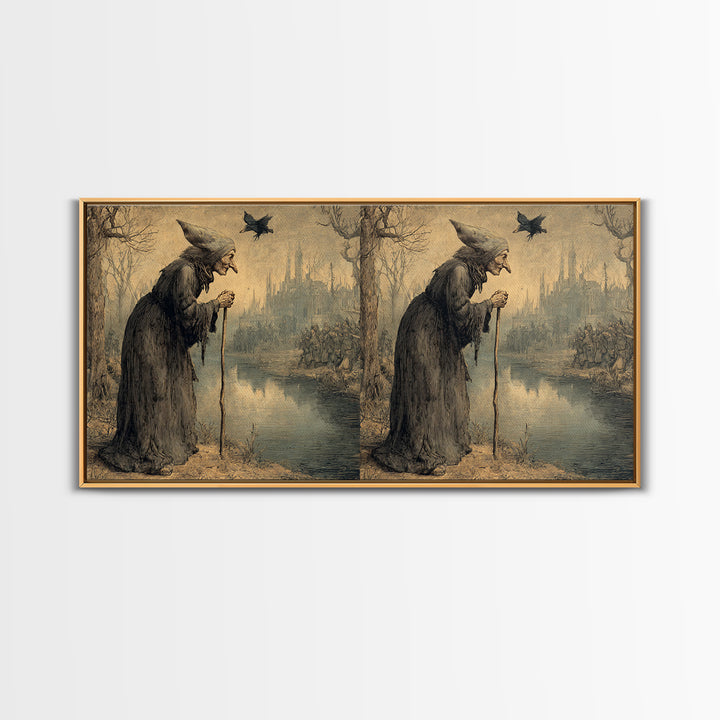 The Swamp Witch, Northern Renaissance Horror, Wide Panoramic Art, Dark Halloween Decor, Canvas Print, Halloween Wall Art