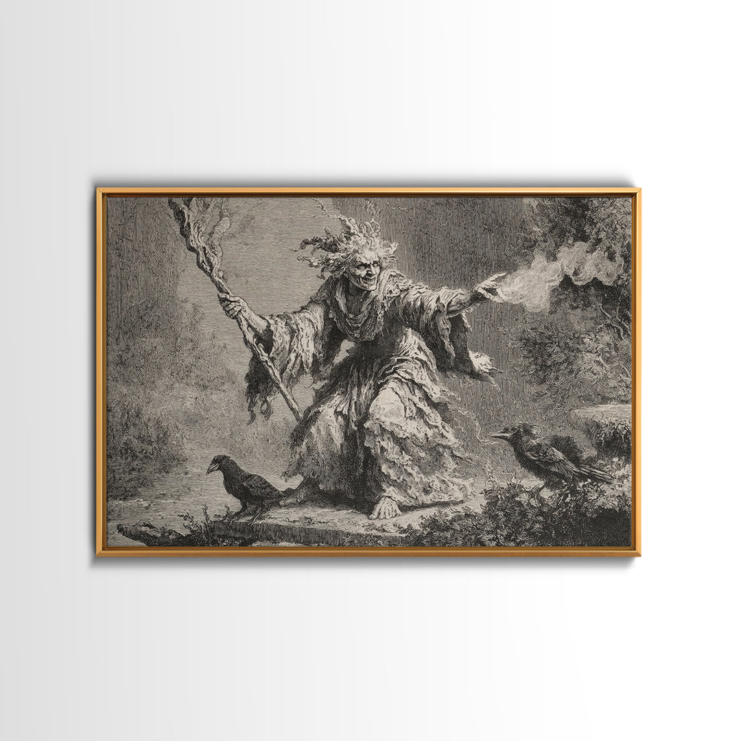 The Swamp Witch, Architectural Etching Art, Landscape Wall Art, Dark Halloween Decor, Canvas Print, Halloween Wall Art