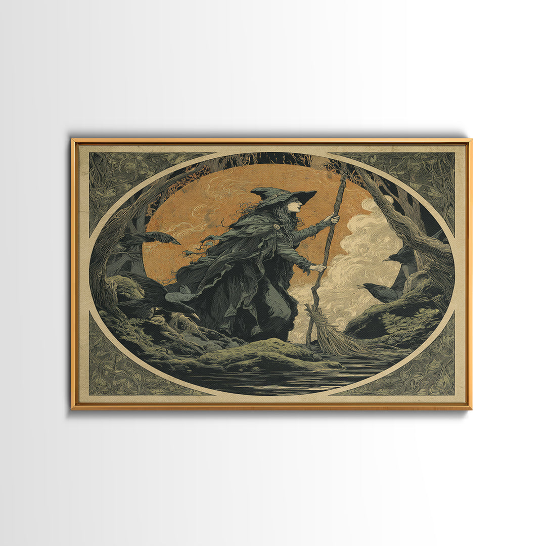 The Swamp Witch, Symbolist Etching Art, Square Wall Art, Dark Halloween Decor, Canvas Print, Halloween Wall Art, Gothic Home Decor