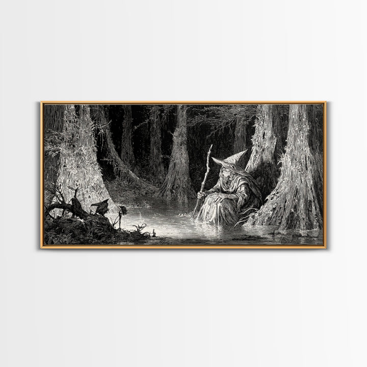 The Swamp Witch, Expressionist Nightmare Art, Wide Panoramic Art, Dark Fantasy Wall Art, Canvas Print, Halloween Wall Art, Dark Fantasy Art