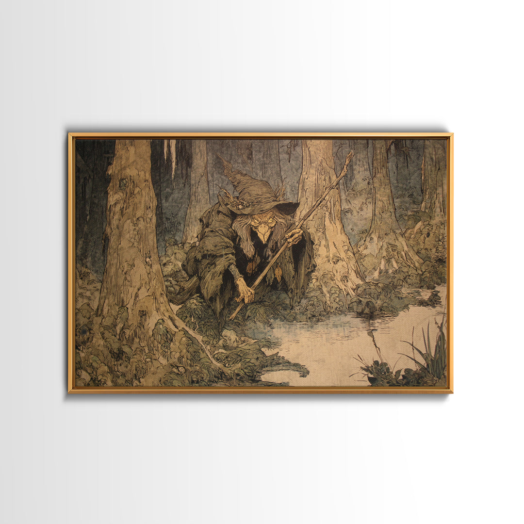 The Swamp Witch, Gothic Storybook Art, Landscape Wall Art, Dark Halloween Decor, Canvas Print, Halloween Wall Art, Macabre Wall Art