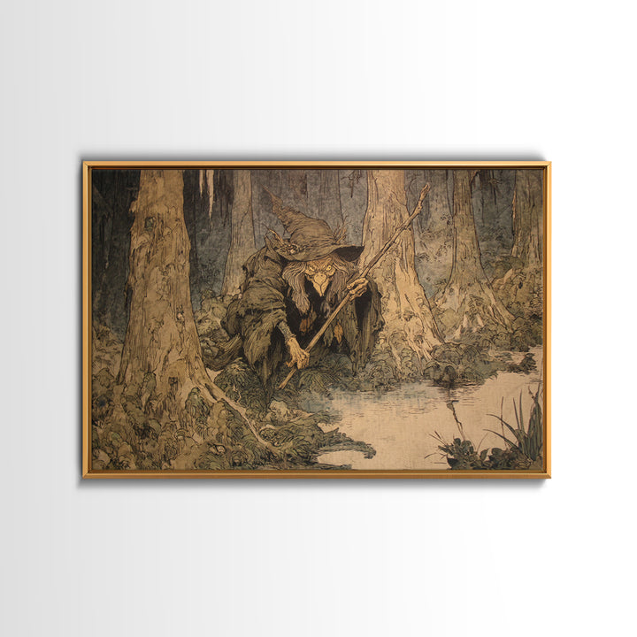 The Swamp Witch, Gothic Storybook Art, Landscape Wall Art, Dark Halloween Decor, Canvas Print, Halloween Wall Art, Macabre Wall Art