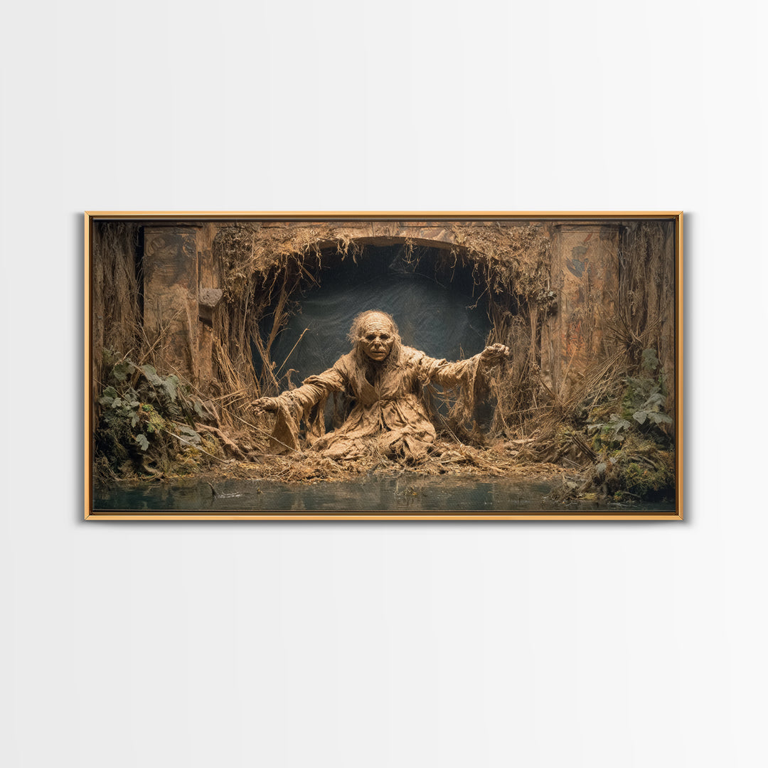 The Bog Mummy, Northern Renaissance Horror, Wide Panoramic Art, Dark Halloween Decor, Canvas Print, Halloween Wall Art