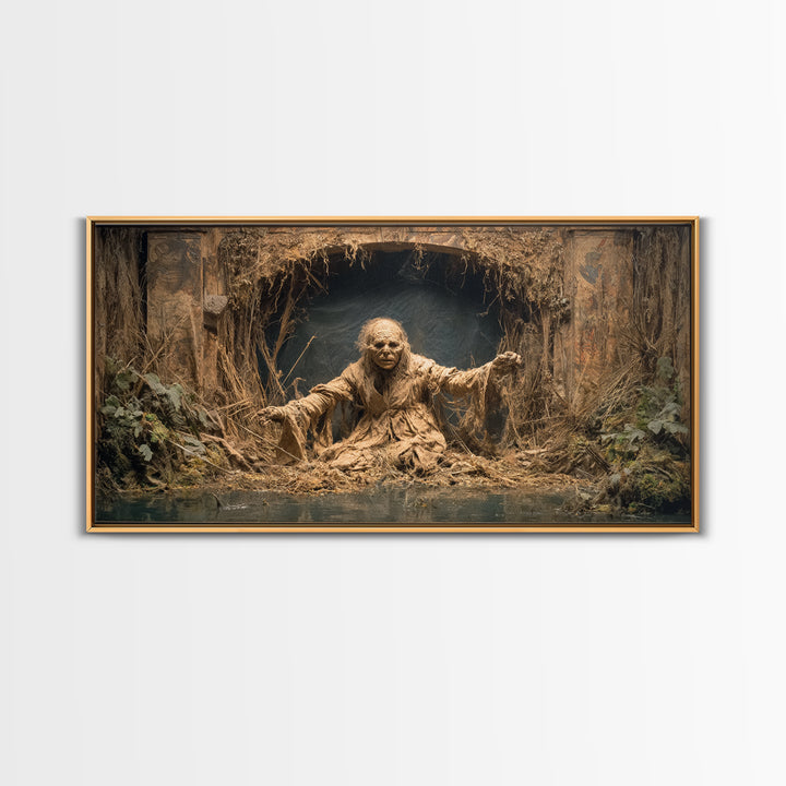 The Bog Mummy, Northern Renaissance Horror, Wide Panoramic Art, Dark Halloween Decor, Canvas Print, Halloween Wall Art