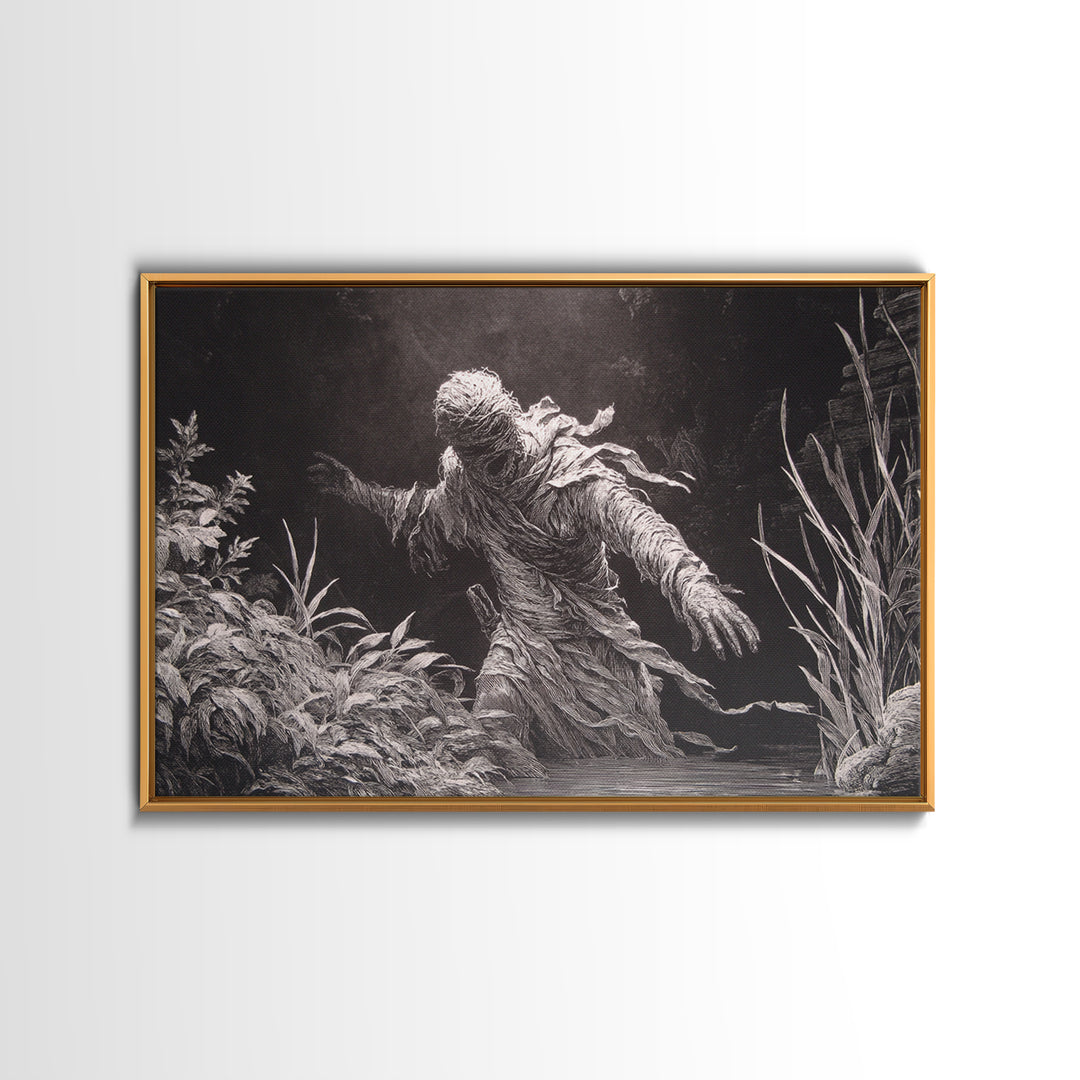 The Bog Mummy, Architectural Etching Art, Landscape Wall Art, Dark Halloween Decor, Framed Canvas Print, Halloween Wall Art