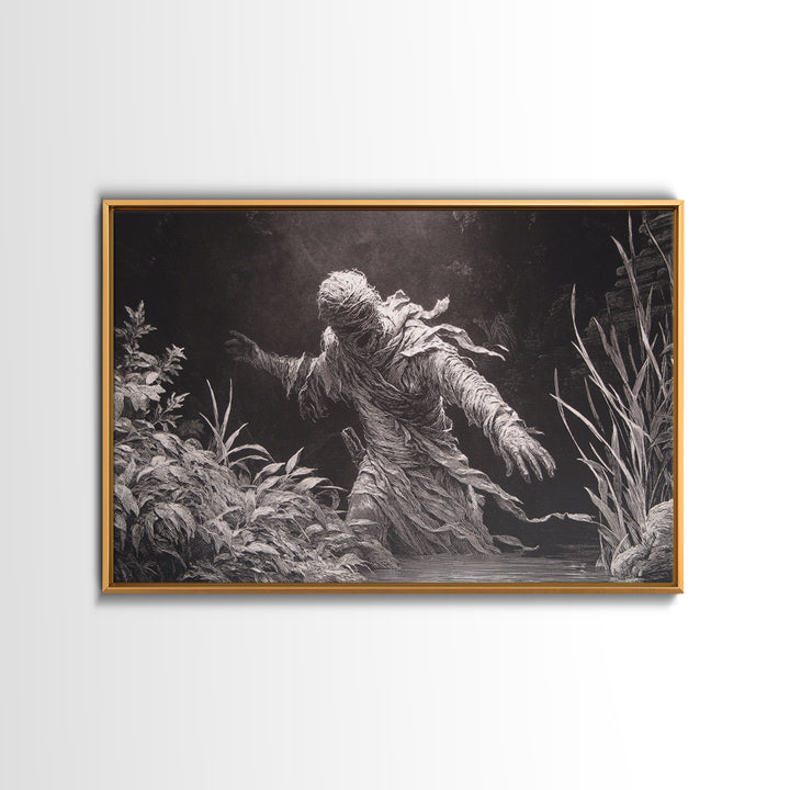 The Bog Mummy, Architectural Etching Art, Landscape Wall Art, Dark Halloween Decor, Framed Canvas Print, Halloween Wall Art
