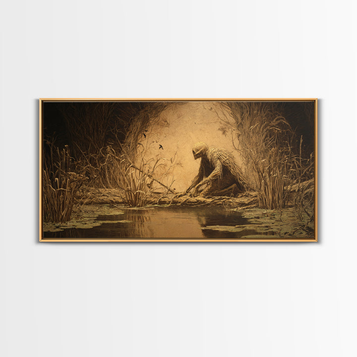 The Bog Mummy, Expressionist Nightmare Art, Wide Panoramic Art, Macabre Wall Art, Framed Canvas Print, Halloween Wall Art, Halloween Decor