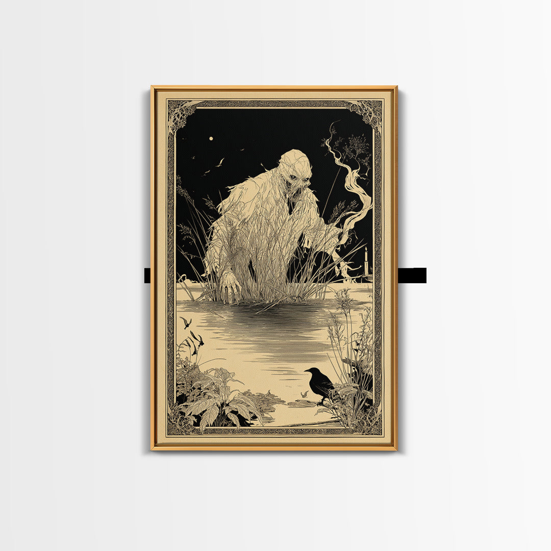 The Bog Mummy, Decadent Line Art, Vertical Wall Art, Dark Fantasy Wall Art, Framed Canvas Print, Halloween Wall Art