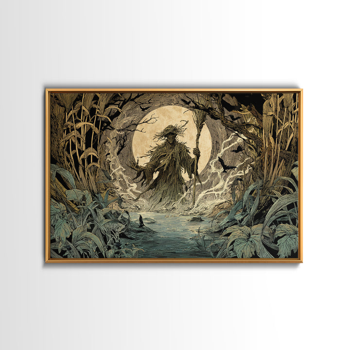 The Bog Mummy, Gothic Storybook Art, Landscape Wall Art, Dark Halloween Decor, Framed Canvas Print, Halloween Wall Art