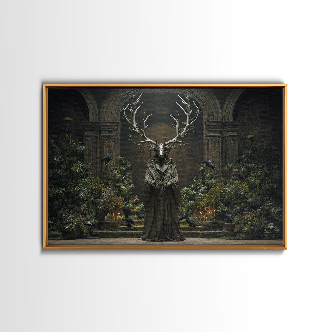The Antlered Forest Spirit, Medieval Grotesque Art, Landscape Wall Art, Dark Halloween Decor, Canvas Print, Halloween Wall Art