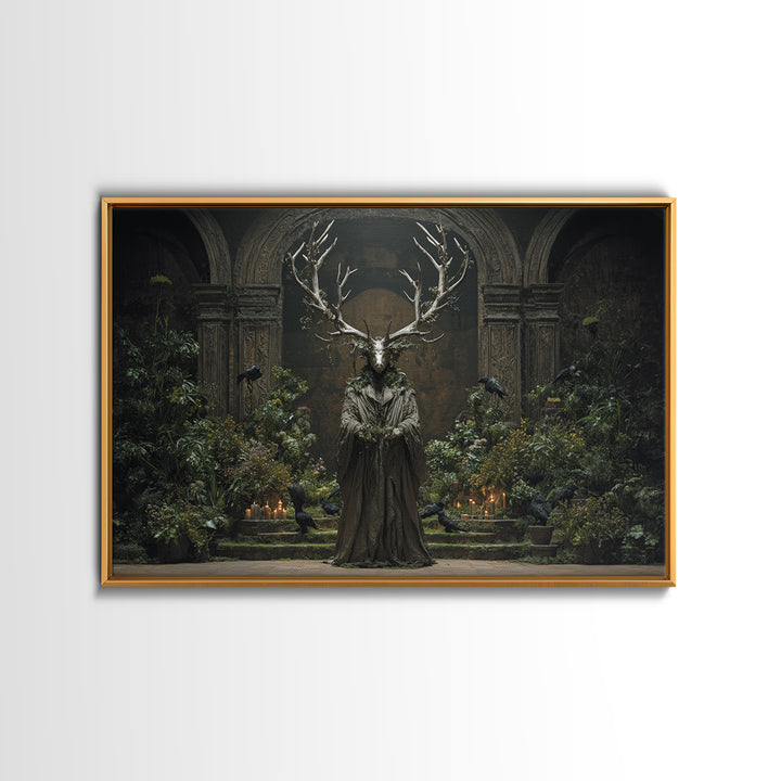 The Antlered Forest Spirit, Medieval Grotesque Art, Landscape Wall Art, Dark Halloween Decor, Canvas Print, Halloween Wall Art