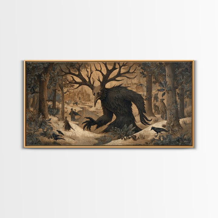 The Antlered Forest Spirit, Northern Renaissance Horror, Wide Panoramic Art, Macabre Wall Art, Canvas Print, Halloween Wall Art