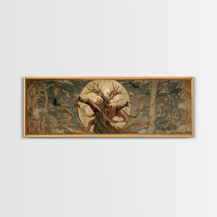 The Antlered Forest Spirit, Dark Renaissance Art, Extra Wide Wall Art, Macabre Wall Art, Canvas Print, Halloween Wall Art