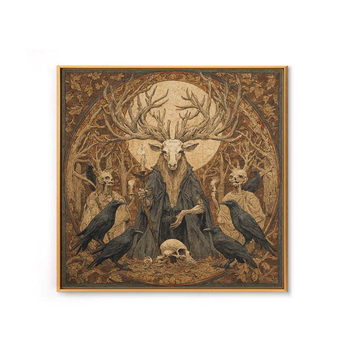 The Antlered Forest Spirit, Danse Macabre Art, Square Wall Art, Dark Halloween Decor, Framed Canvas Print