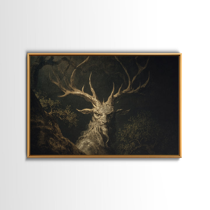 The Antlered Forest Spirit, Baroque Witchcraft Art, Landscape Wall Art, Macabre Wall Art, Framed Canvas Print, Halloween Wall Art