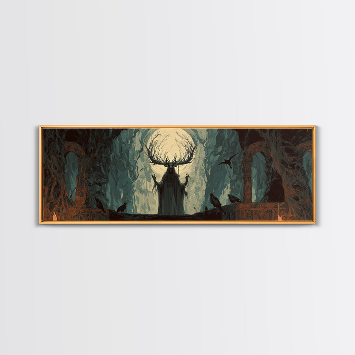 The Antlered Forest Spirit, Dark Romantic Horror Art, Extra Wide Wall Art, Dark Halloween Decor, Canvas Print, Halloween Wall Art