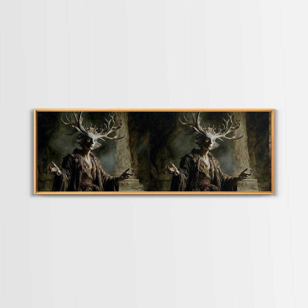 The Antlered Forest Spirit, Gothic Nightmare Art, Extra Wide Wall Art, Dark Fantasy Wall Art, Framed Canvas Print, Halloween Wall Art