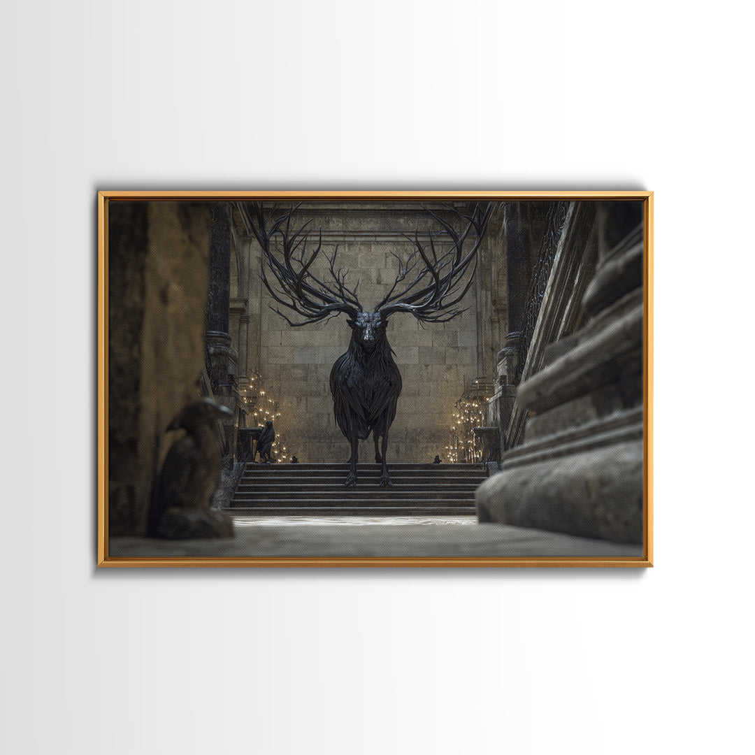 The Antlered Forest Spirit, Architectural Etching Art, Landscape Wall Art, Dark Fantasy Wall Art, Canvas Print