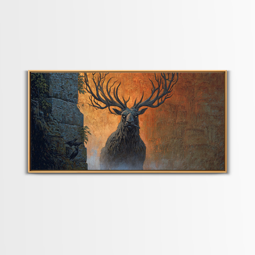 The Antlered Forest Spirit, Apocalyptic Romantic Art, Wide Panoramic Art, Gothic Horror Wall Art, Canvas Print, Halloween Wall Art