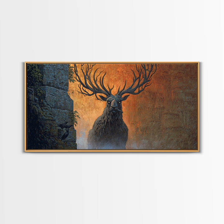 The Antlered Forest Spirit, Apocalyptic Romantic Art, Wide Panoramic Art, Gothic Horror Wall Art, Canvas Print, Halloween Wall Art
