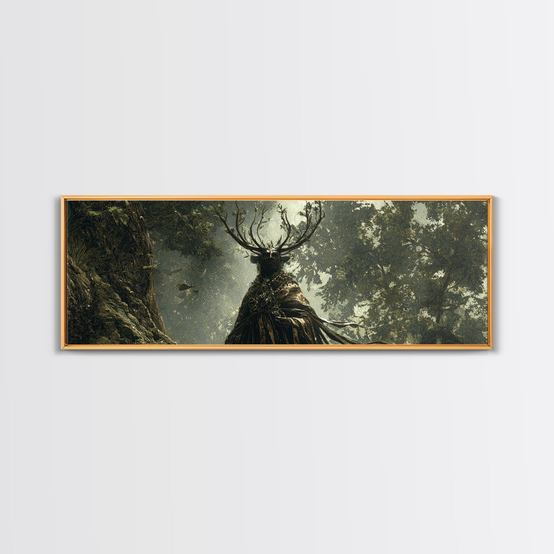 The Antlered Forest Spirit, Ornate Symbolist Art, Extra Wide Wall Art, Macabre Wall Art, Framed Canvas Print, Halloween Wall Art