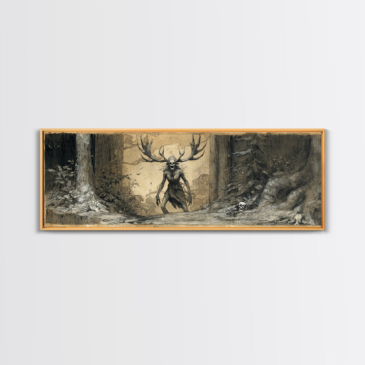 The Antlered Forest Spirit, Decadent Gothic Art, Extra Wide Wall Art, Macabre Wall Art, Framed Canvas Print, Halloween Wall Art