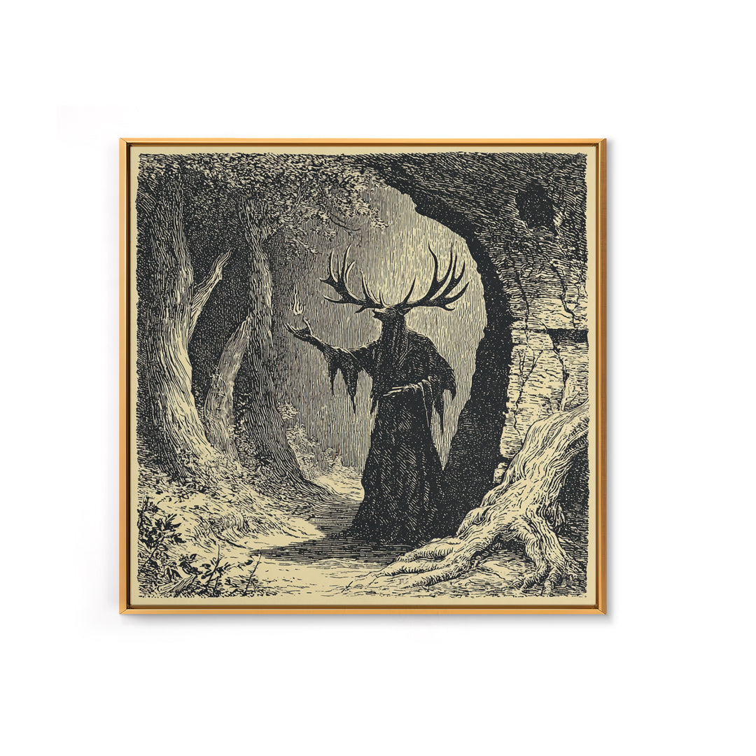 The Antlered Forest Spirit, Symbolist Etching Art, Square Wall Art, Dark Halloween Decor, Framed Canvas Print, Halloween Wall Art
