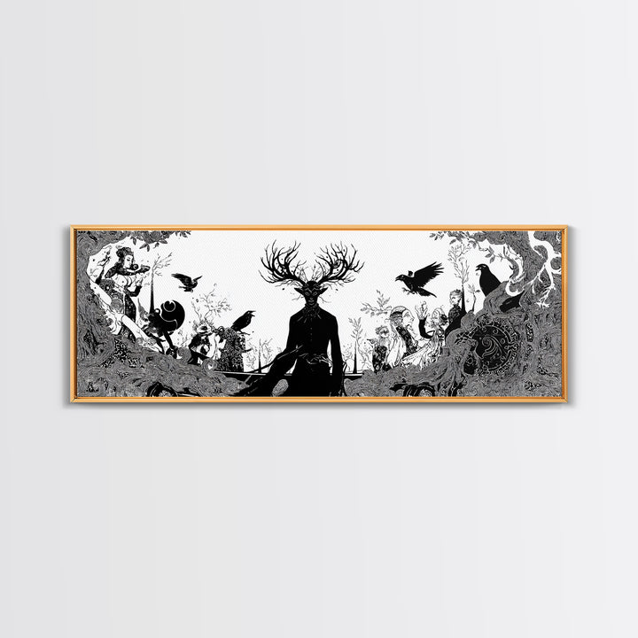 The Antlered Forest Spirit, Decadent Line Art, Extra Wide Wall Art, Dark Fantasy Wall Art, Canvas Print, Halloween Wall Art