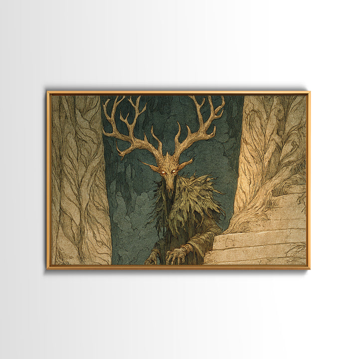 The Antlered Forest Spirit, Gothic Storybook Art, Landscape Wall Art, Dark Halloween Decor, Canvas Print, Halloween Wall Art