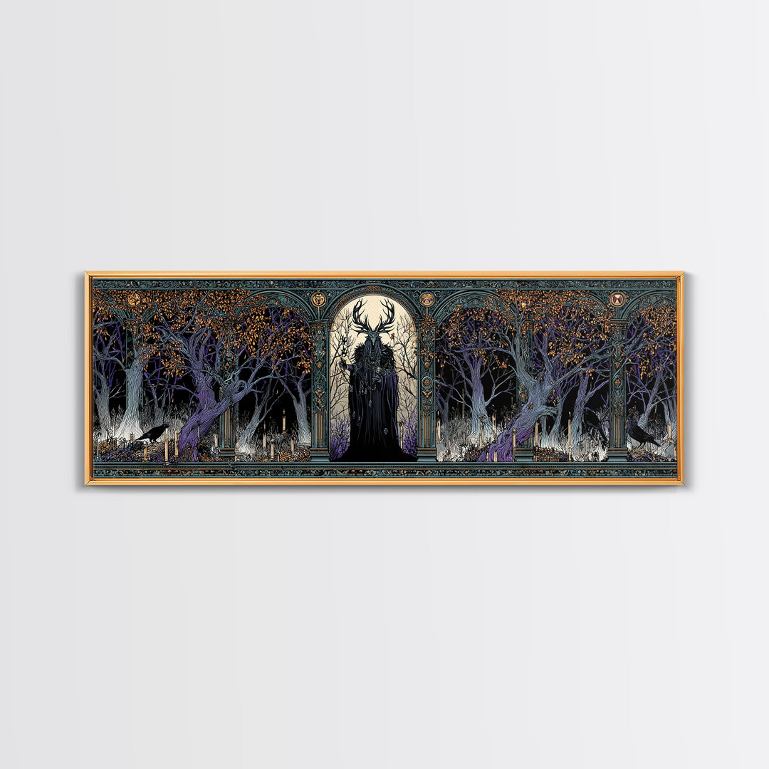 The Antlered Forest Spirit, Stained Glass Gothic Art, Extra Wide Wall Art, Dark Fantasy Wall Art, Framed Canvas Print, Halloween Wall Art