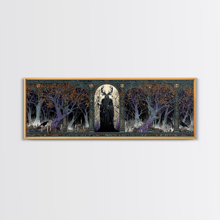 The Antlered Forest Spirit, Stained Glass Gothic Art, Extra Wide Wall Art, Dark Fantasy Wall Art, Framed Canvas Print, Halloween Wall Art
