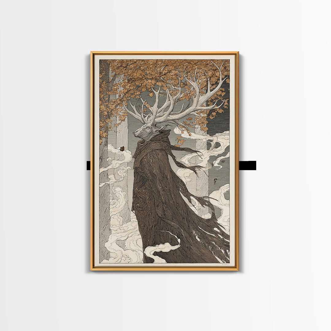 The Antlered Forest Spirit, Victorian Macabre Art, Vertical Wall Art, Gothic Horror Wall Art, Framed Canvas Print, Halloween Wall Art