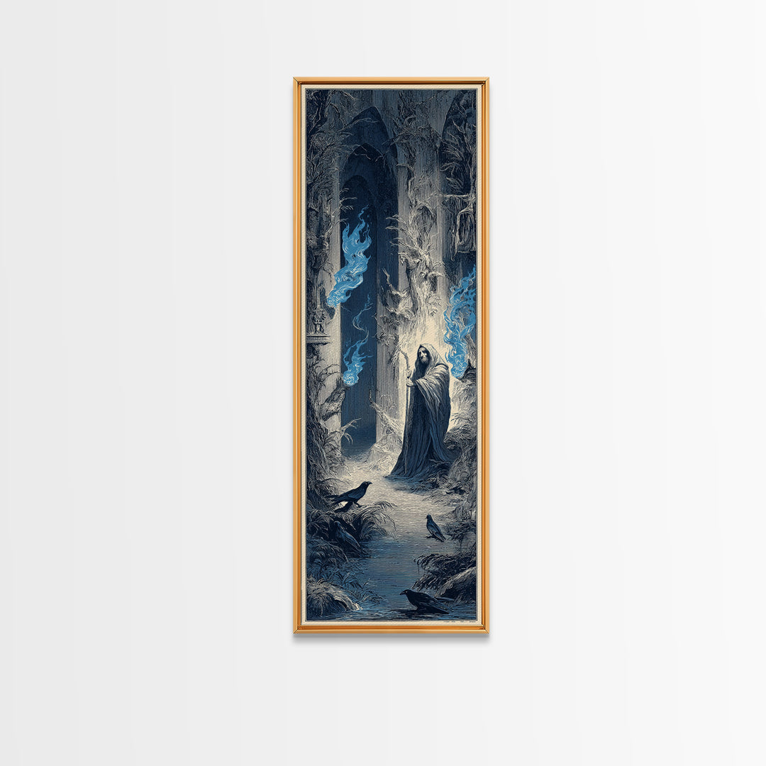 The Will-O'-The-Wisp Shepherd, Gothic Engraving Art, Tall Narrow Wall Art, Macabre Wall Art, Framed Canvas Print, Halloween Wall Art