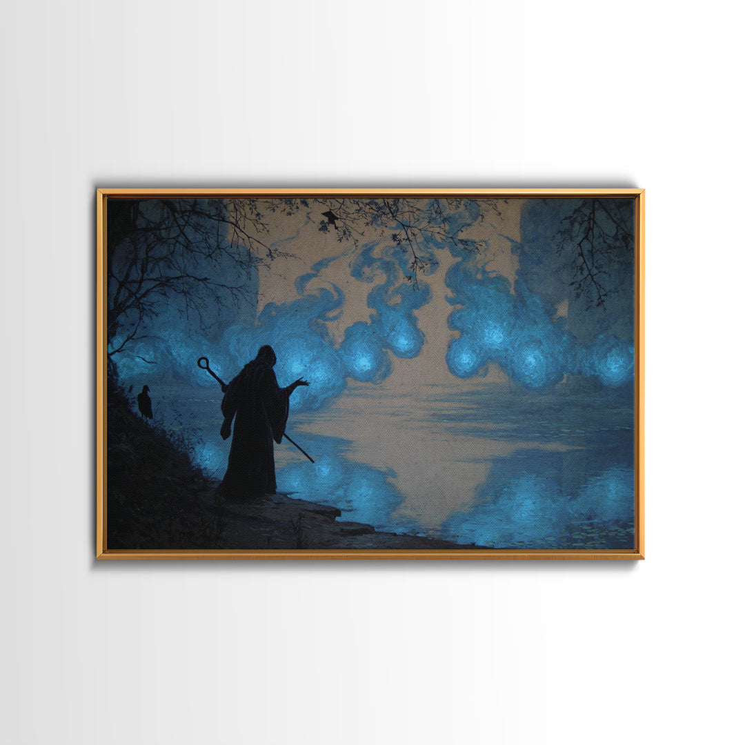 The Will-O'-The-Wisp Shepherd, Dark Symbolist Art, Landscape Wall Art, Macabre Wall Art, Framed Canvas Print, Halloween Wall Art