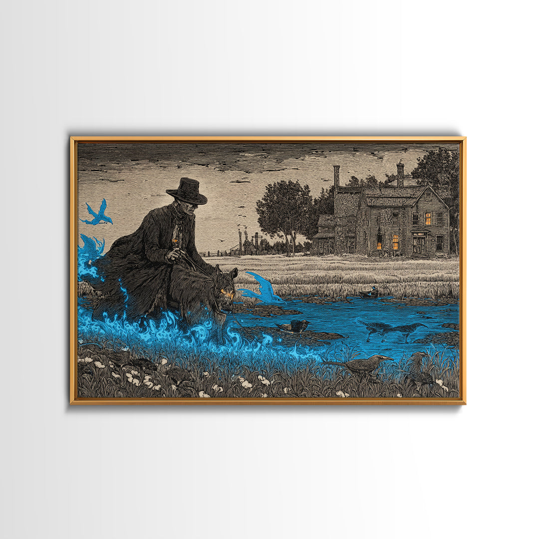 The Will-O'-The-Wisp Shepherd, Victorian Macabre Art, Landscape Wall Art, Dark Fantasy Wall Art, Framed Canvas Print, Halloween Wall Art