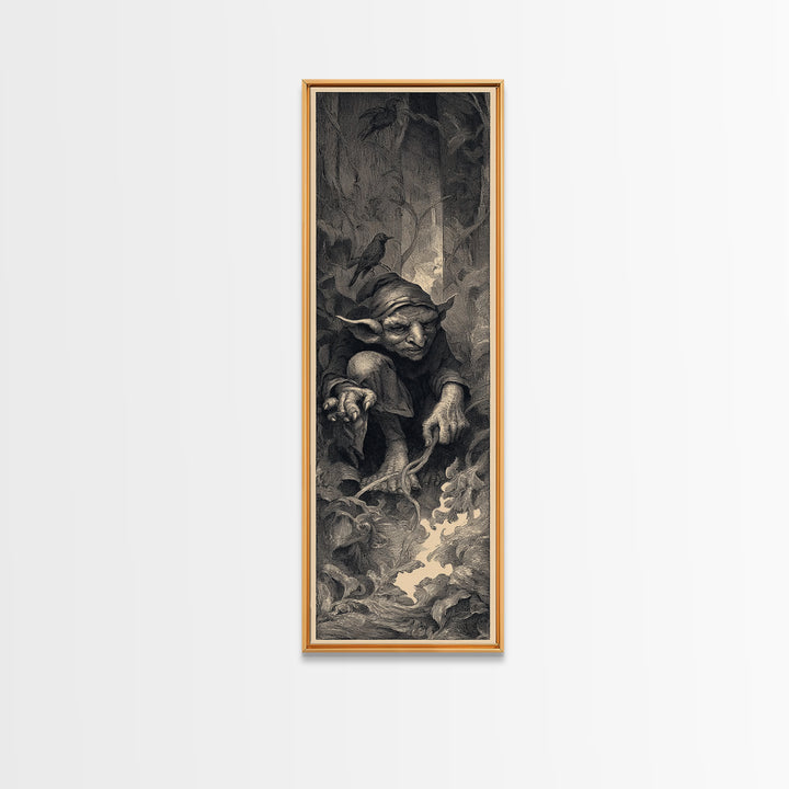 The Pumpkin Patch Goblin, Gothic Engraving Art, Tall Narrow Wall Art, Gothic Horror Wall Art, Framed Canvas Print, Halloween Wall Art