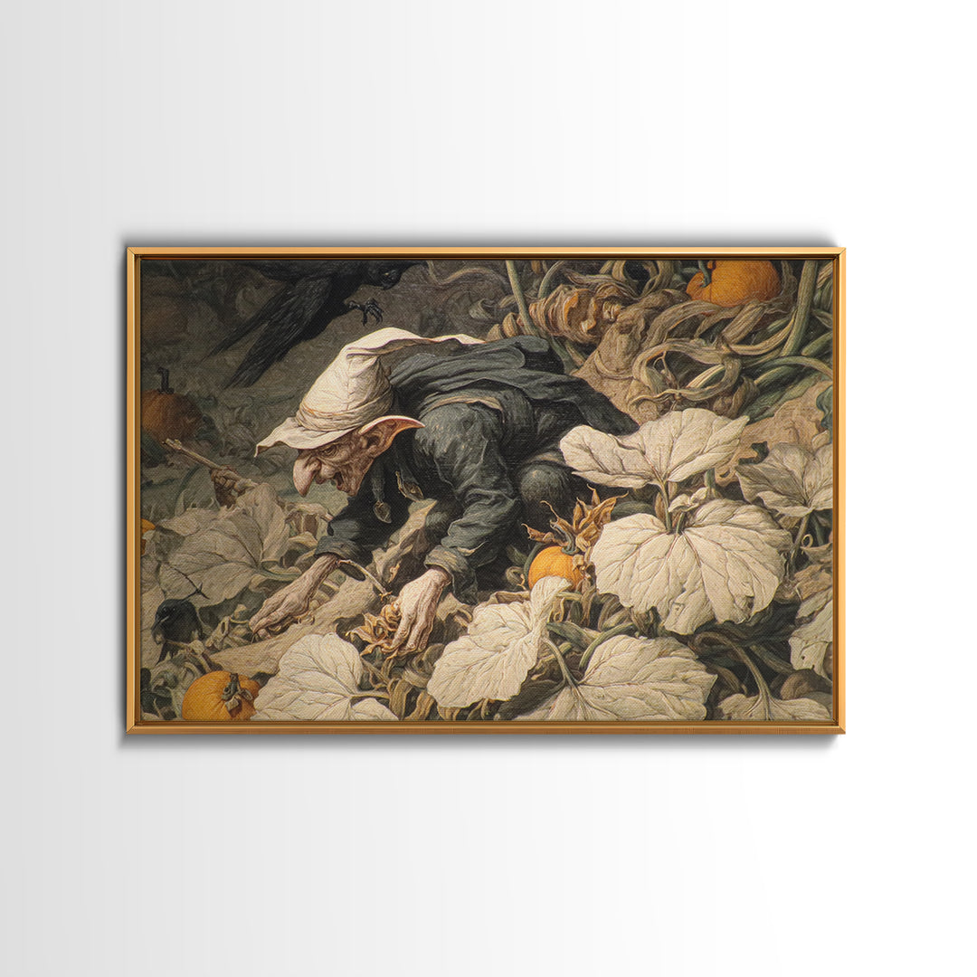 The Pumpkin Patch Goblin, Medieval Grotesque Art, Landscape Wall Art, Dark Fantasy Wall Art, Framed Canvas Print, Halloween Wall Art
