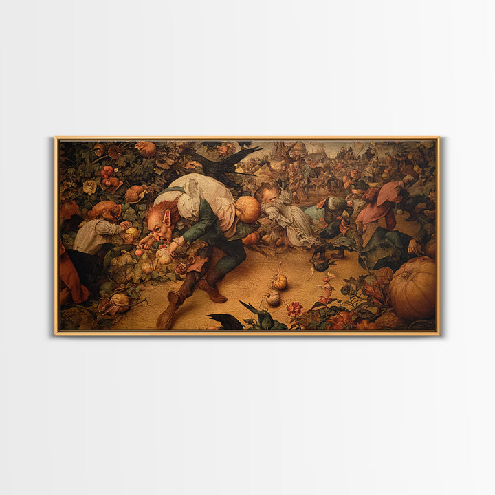 The Pumpkin Patch Goblin, Northern Renaissance Horror, Wide Panoramic Art, Dark Fantasy Wall Art, Framed Canvas Print