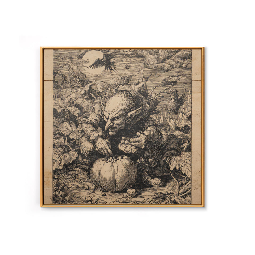 The Pumpkin Patch Goblin, Renaissance Engraving Art, Square Wall Art, Dark Halloween Decor, Framed Canvas Print, Halloween Wall Art