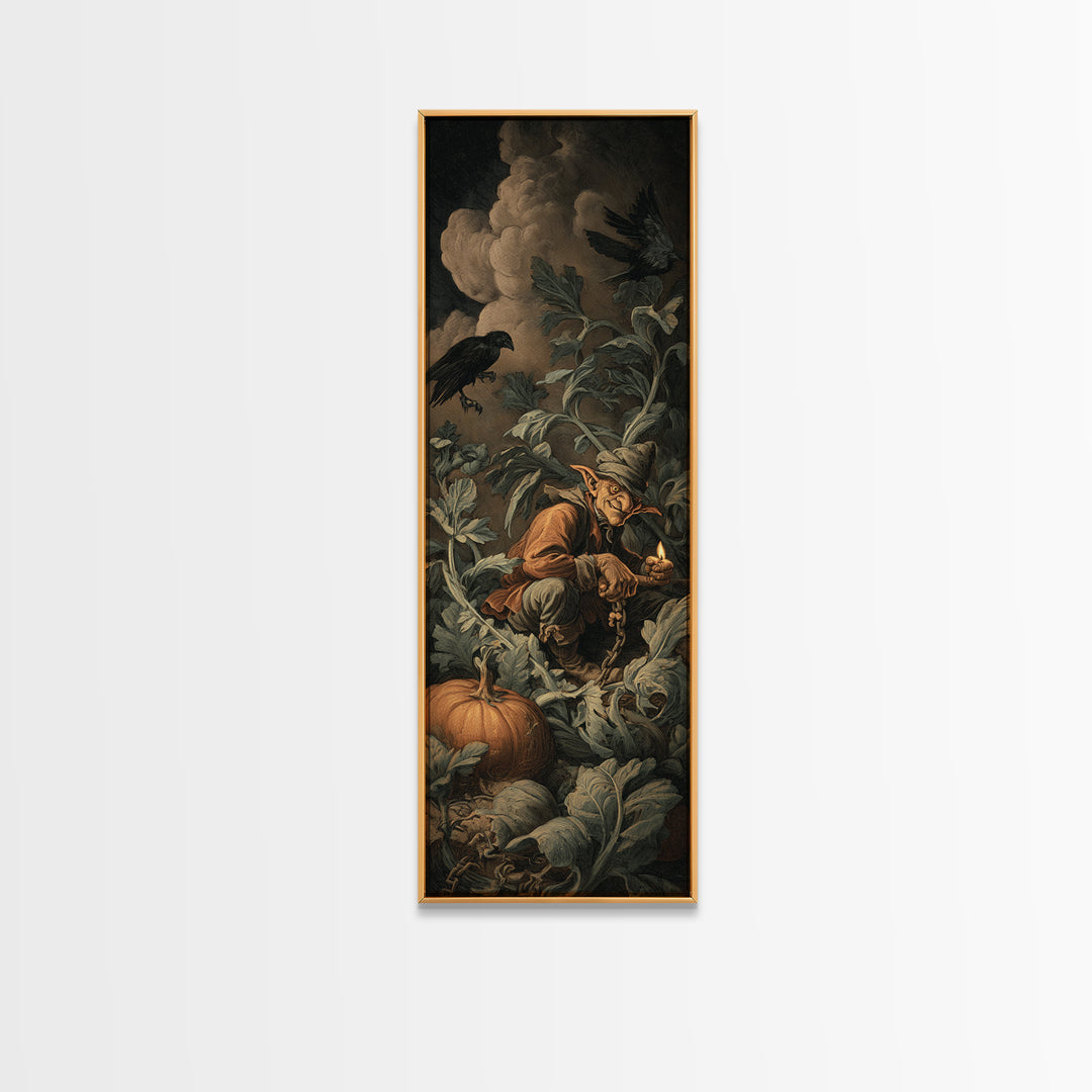 The Pumpkin Patch Goblin, Architectural Etching Art, Tall Narrow Wall Art, Dark Halloween Decor, Framed Canvas Print