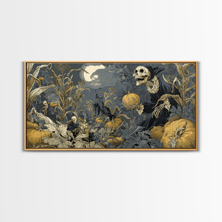 The Pumpkin Patch Goblin, Macabre Folk Print Art, Wide Panoramic Art, Dark Halloween Decor, Framed Canvas Print