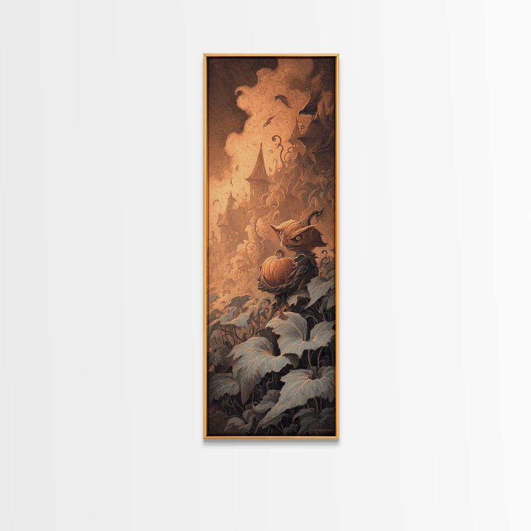 The Pumpkin Patch Goblin, Surreal Apocalyptic Art, Tall Narrow Wall Art, Dark Halloween Decor, Framed Canvas Print