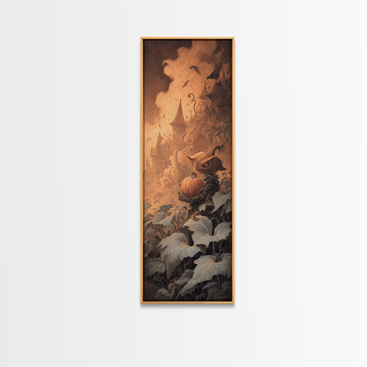 The Pumpkin Patch Goblin, Surreal Apocalyptic Art, Tall Narrow Wall Art, Dark Halloween Decor, Framed Canvas Print
