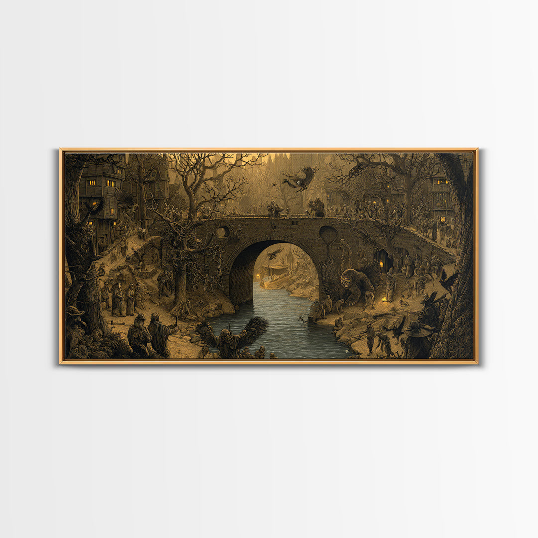 The Bridge Troll At Midnight, Northern Renaissance Horror, Wide Panoramic Art, Gothic Horror Wall Art, Framed Canvas Print