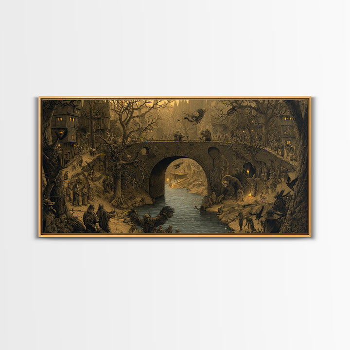 The Bridge Troll At Midnight, Northern Renaissance Horror, Wide Panoramic Art, Gothic Horror Wall Art, Framed Canvas Print
