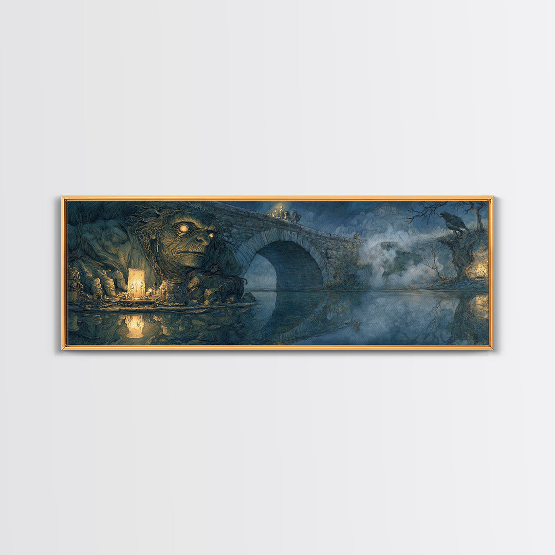 The Bridge Troll At Midnight, Dark Renaissance Art, Extra Wide Wall Art, Macabre Wall Art, Canvas Print, Halloween Wall Art