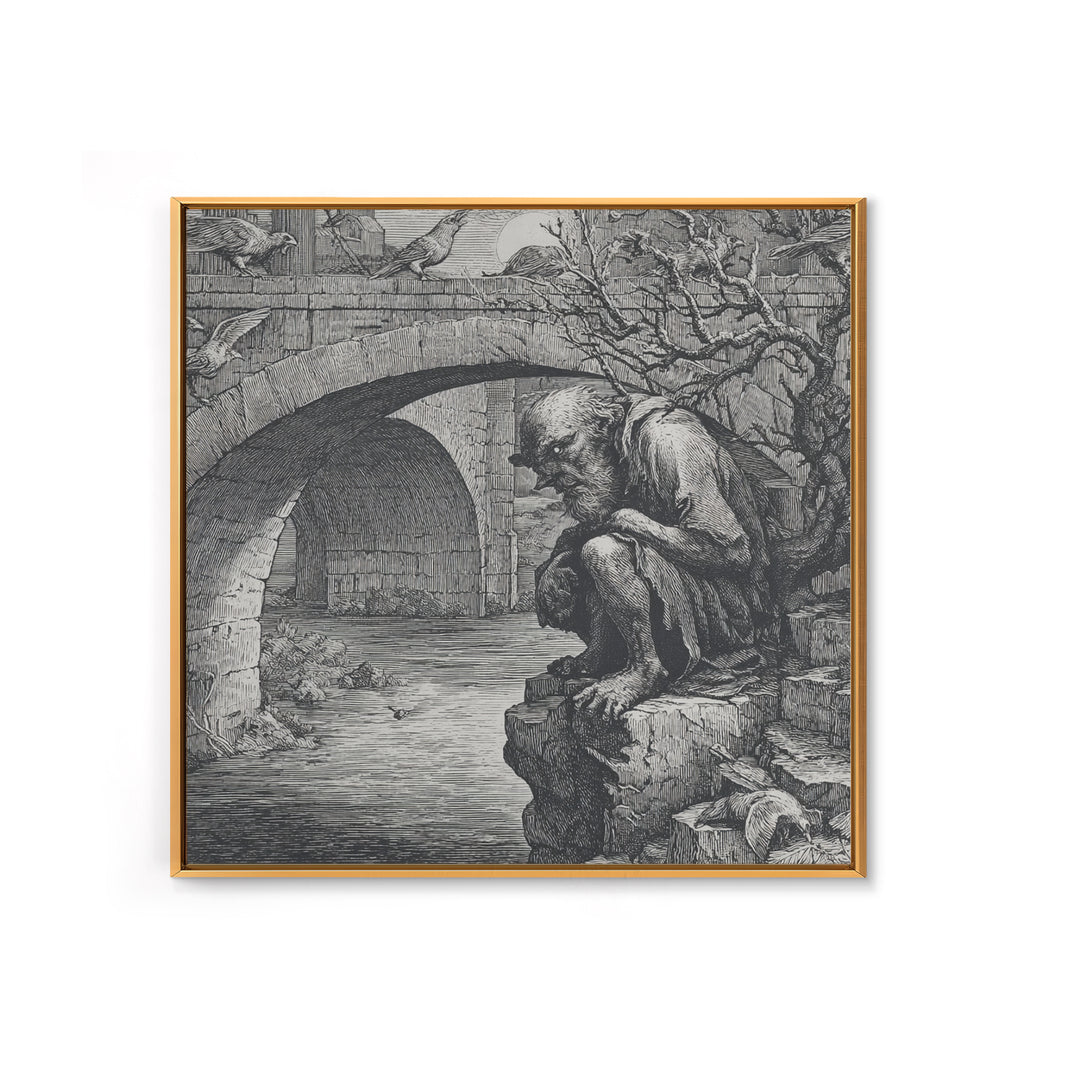 The Bridge Troll At Midnight, Renaissance Engraving Art, Square Wall Art, Gothic Horror Wall Art, Canvas Print, Halloween Wall Art