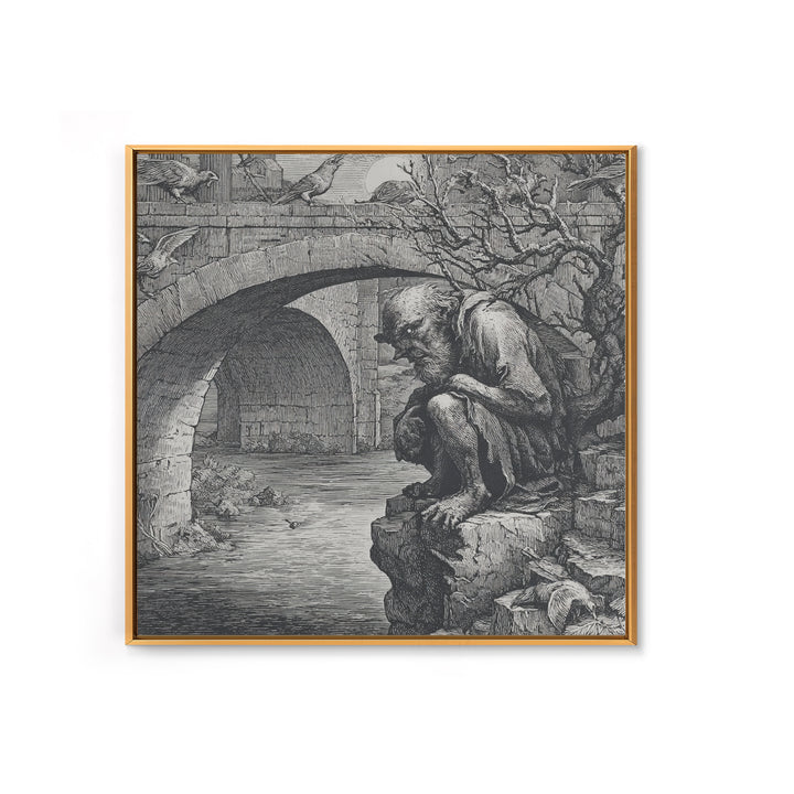 The Bridge Troll At Midnight, Renaissance Engraving Art, Square Wall Art, Gothic Horror Wall Art, Canvas Print, Halloween Wall Art