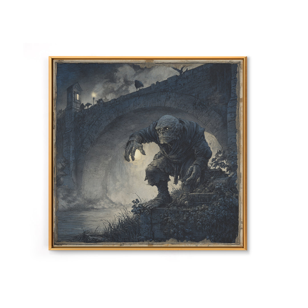 The Bridge Troll At Midnight, Danse Macabre Art, Square Wall Art, Macabre Wall Art, Framed Canvas Print, Halloween Decor